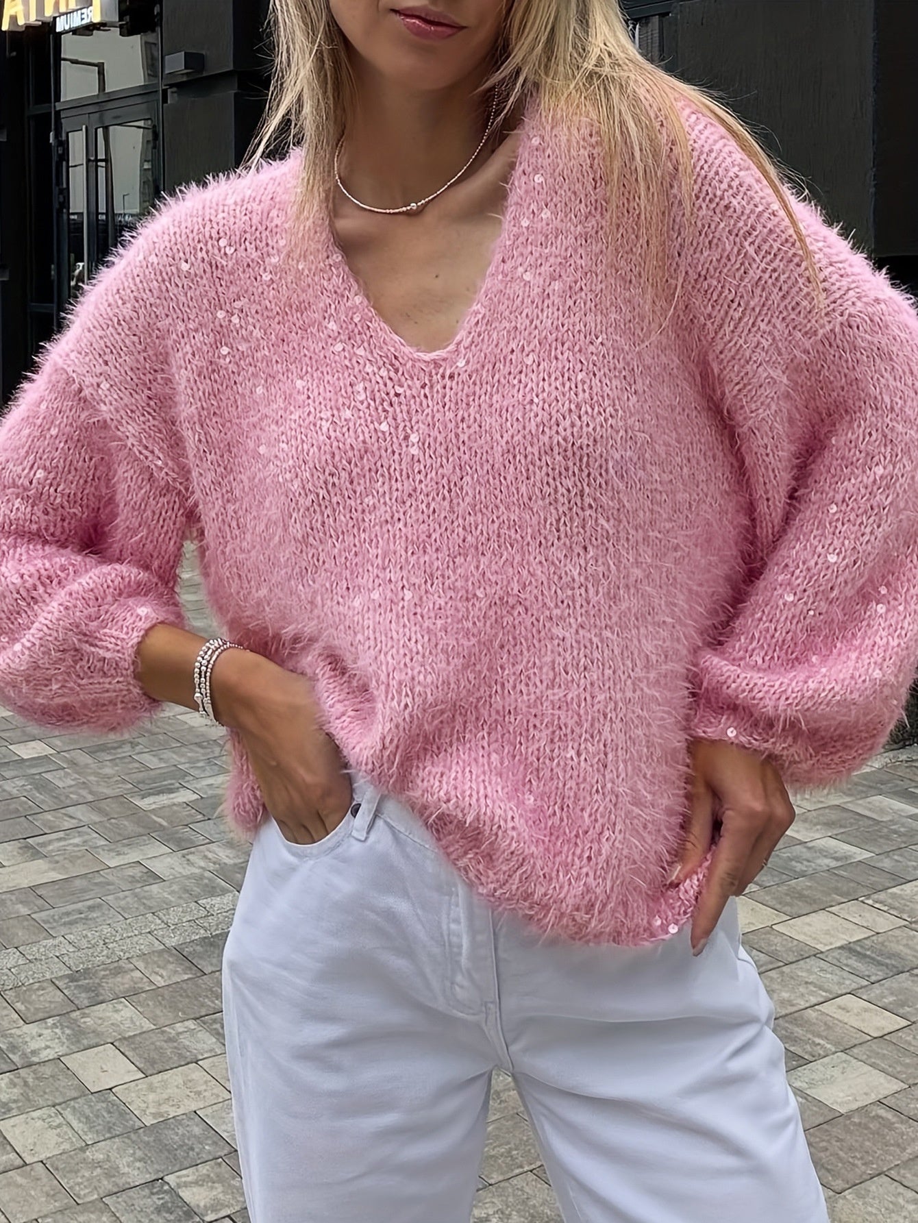 Women’s Sequin Sweater Pullover, Street Fashion Long Sleeve Knit Top, Solid Color Casual Sweater