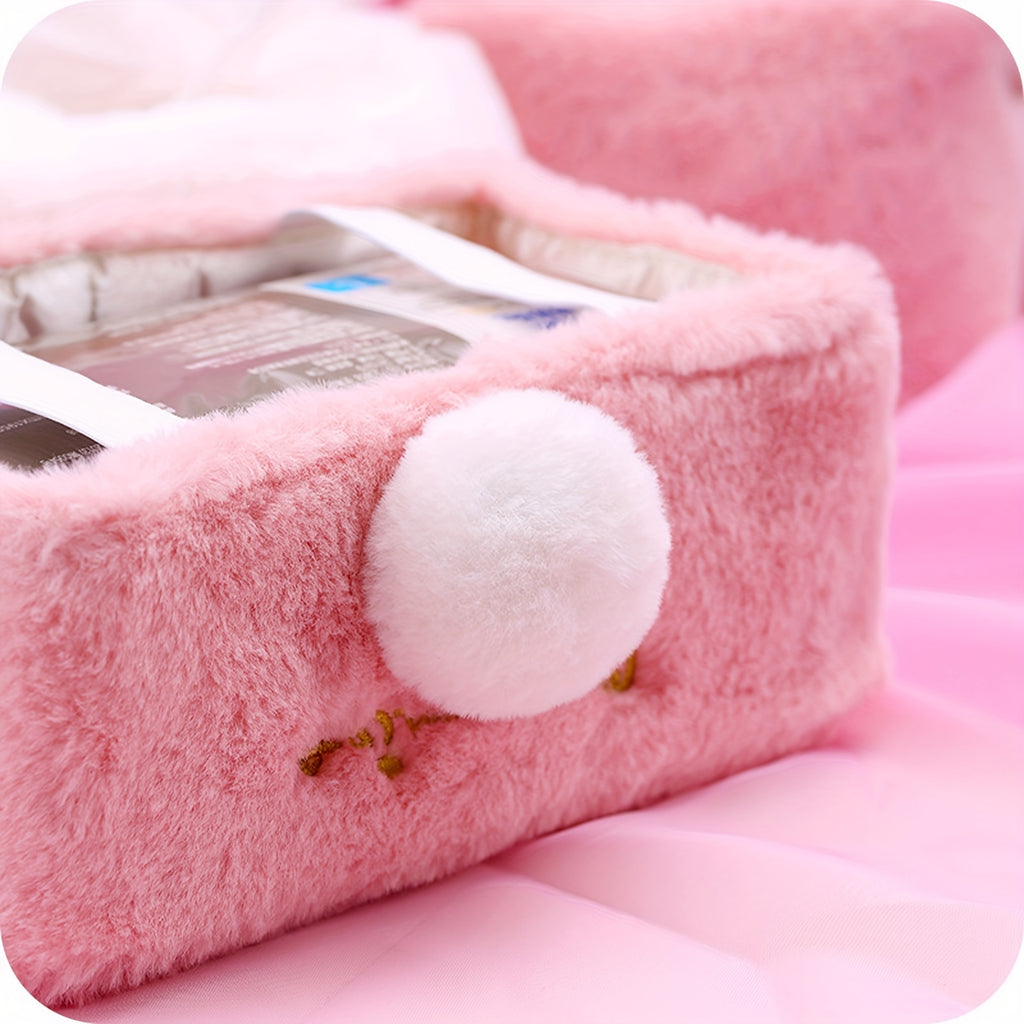 1pc Plush Rabbit Tissue Box, Cartoon Cute Tissue Cover, Car Accessories, Car Decor, Draw Hole Paper Box, Pink Rabbit Tissue Box, Long Ears Cloth Cover, Living Room Kitchen Bathroom Bedroom Office Accessories, Room Decor, Home